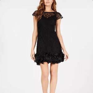 GUESS Black Lace Overlay Ruffle Hem Formal Black Tie Holiday Party Dress